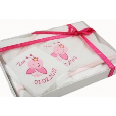Personalised Baby Girl Love Bug Embroidered Hooded Towel and Wash Cloth Boxed Gift Set